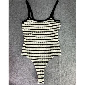 Black White Stripe Textured Knit Thong Bodysuit Women's Size S Sexy